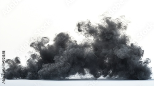 Dark swirling smoke billowing against a stark white background in a dramatic abstract display