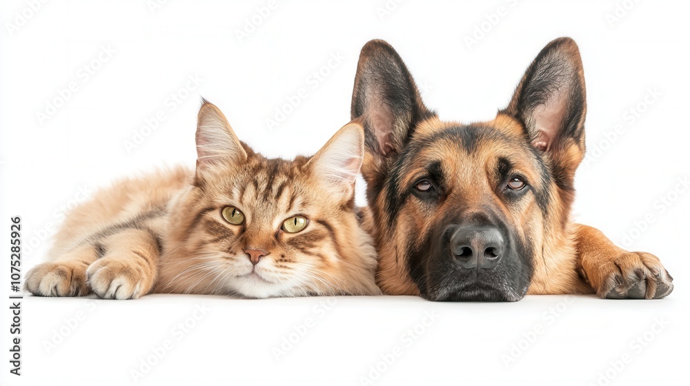 A dog and a cat lying together peacefully, showcasing the bond between different pets in a cozy, intimate setting. A dog and a cat lying together peacefully, showcasing the bond between different pets in a cozy, intimate setting.