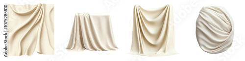 Various draped fabrics in different shapes, showcasing texture and flow against a white isolate background. transparent background