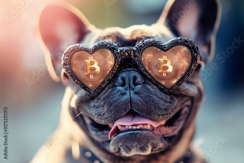 A funny, crypto enthusiast French Bulldog wearing heart-shaped sunglasses emblazoned with Bitcoin symbols, radiating joy. photo