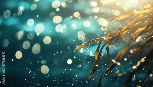 Close-Up Underwater Photography Capturing Giant Kelp And Sargassum Seaweed Floating At Ocean Surface With Bokeh And Bubbles. photo