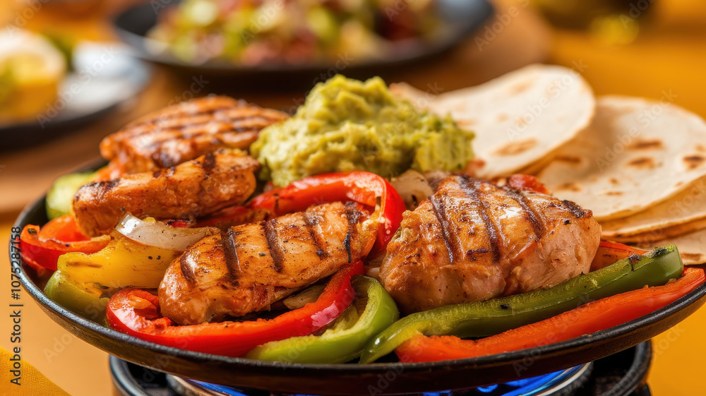 A vibrant, sizzling platter of grilled chicken fajitas with colorful bell peppers and creamy guacamole, served with warm tortillas. A vibrant, sizzling platter of grilled chicken fajitas with colorful bell peppers and creamy guacamole, served with warm tortillas.