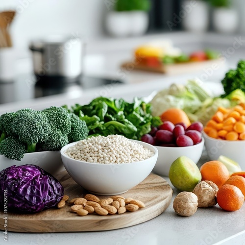 Prebiotic foods rich in FOS and inulin laid out on a kitchen counter, promoting digestive health