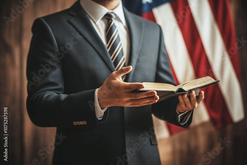 A man in formal attire holding a book while standing near an American flag during a ceremonial event in an indoor setting