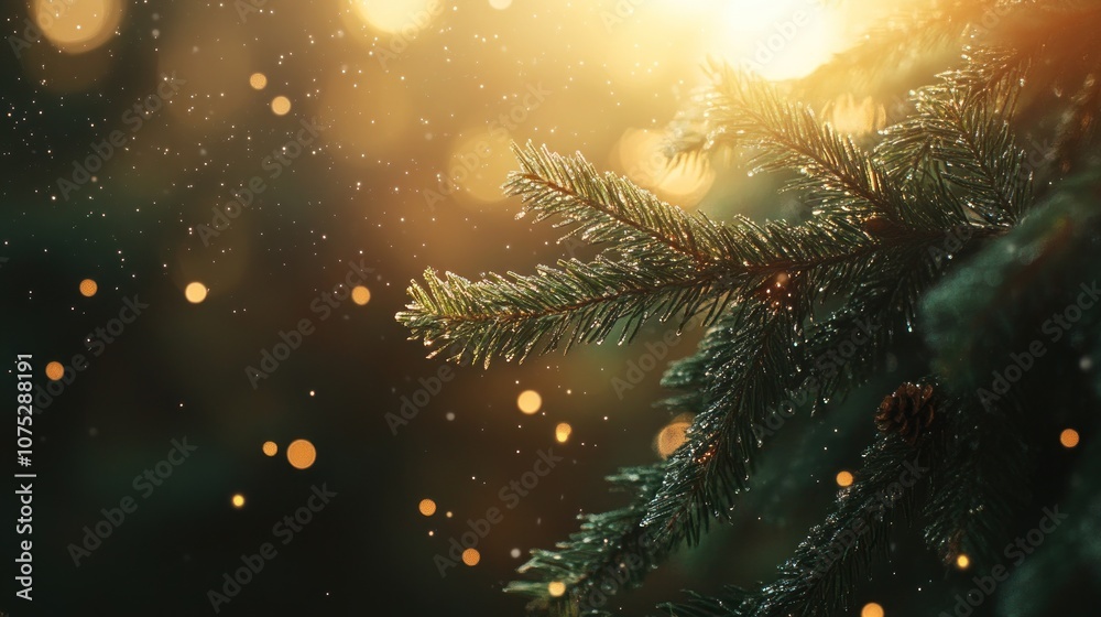 Glowing Pine Branches in a Mystical Forest Evening with Golden Bokeh Sparkles and Tranquil Atmosphere