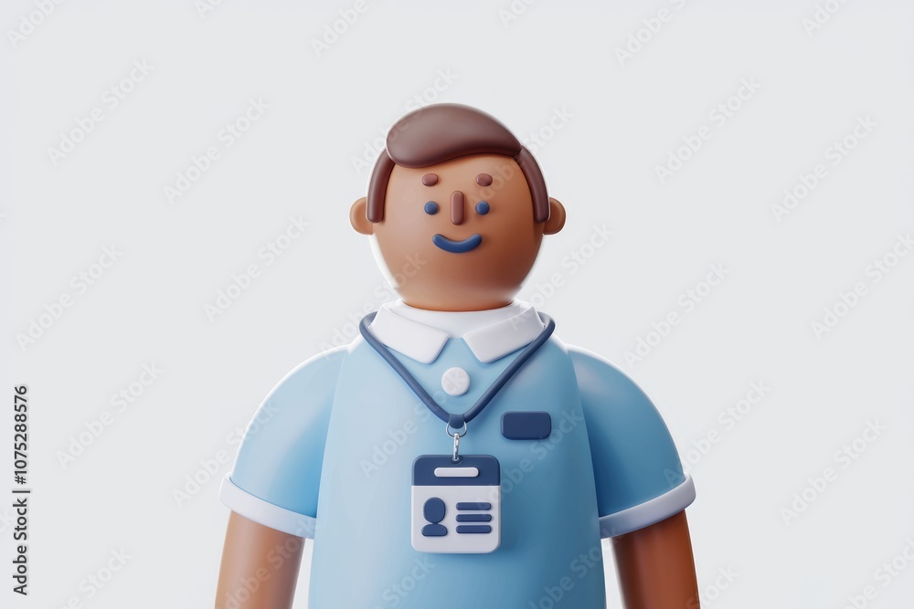 A smiling cartoon doctor wearing a blue uniform and a name tag. A smiling cartoon doctor wearing a blue uniform and a name tag.