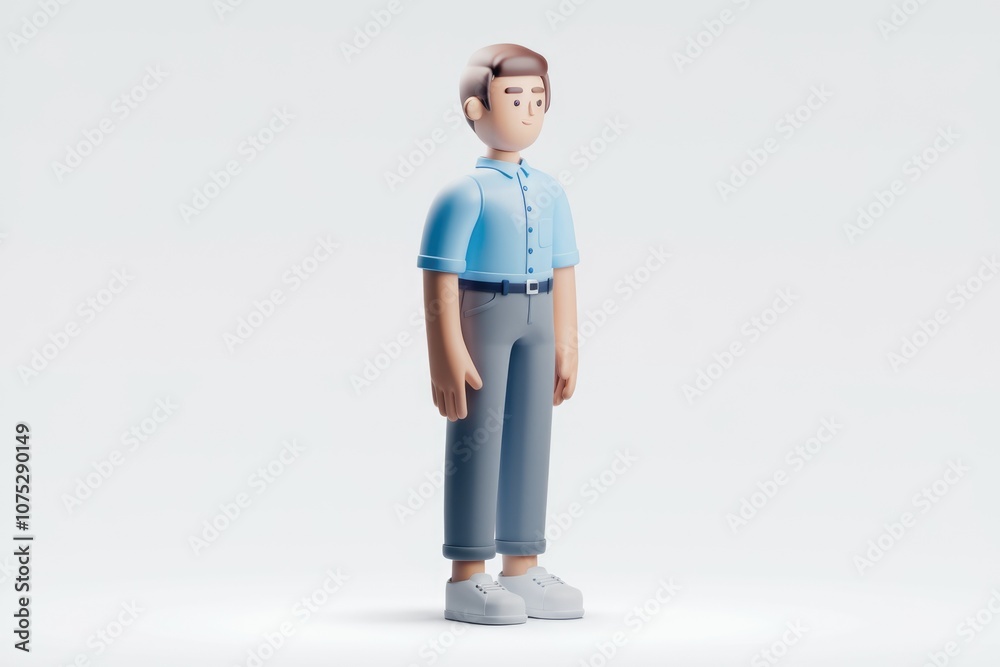 Fototapeta premium A 3D cartoon character stands casually in a light blue shirt and grey pants.