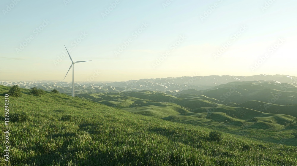 Serene Rural Landscape with Wind Turbine - Conceptual Environmental 3D Render Illustration Emphasizing Renewable Energy and Climate Change Mitigation Serene Rural Landscape with Wind Turbine - Conceptual Environmental 3D Render Illustration Emphasizing Renewable Energy and Climate Change Mitigation