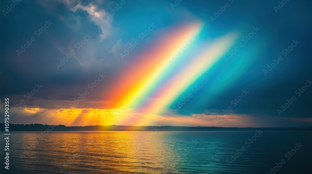 Beautiful Rainbow Over Serene Lake at Sunset Creating a Vibrant and Calming Atmosphere Beautiful Rainbow Over Serene Lake at Sunset Creating a Vibrant and Calming Atmosphere