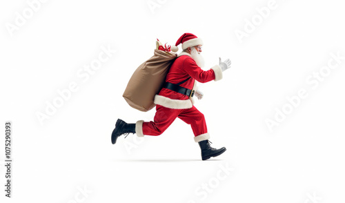 Santa Claus runs with a bag of gifts on a white background