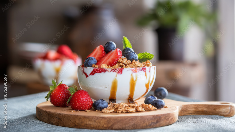 A beautiful dessert featuring yogurt topped with fresh strawberries, blueberries, granola, and a drizzle of honey, served on a wooden board. A beautiful dessert featuring yogurt topped with fresh strawberries, blueberries, granola, and a drizzle of honey, served on a wooden board.