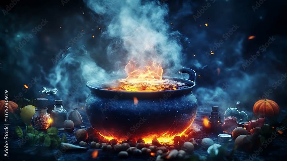 A cauldron bubbling over a fire with smoke and potion ingredients around it A cauldron bubbling over a fire with smoke and potion ingredients around it