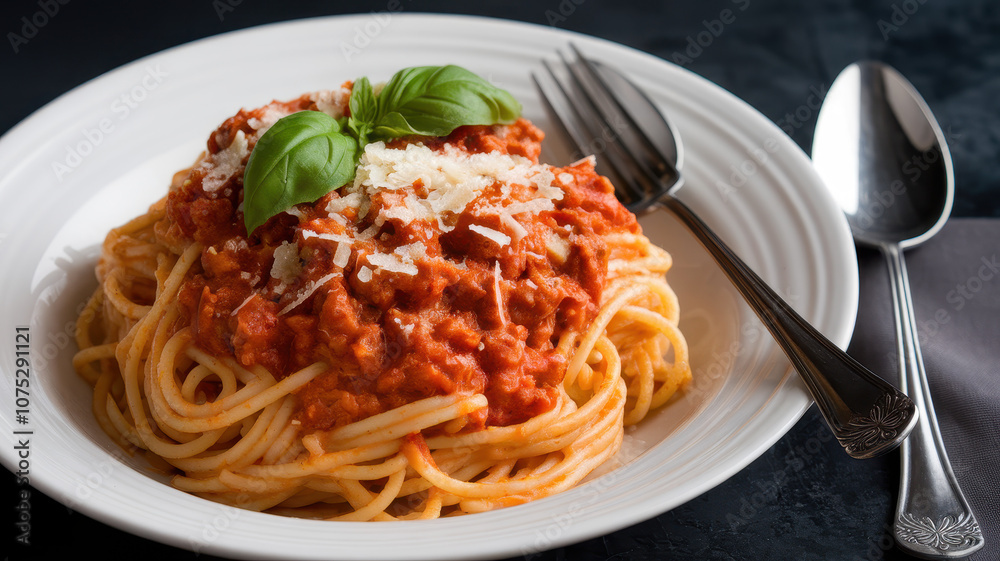 A delicious bowl of spaghetti topped with rich meat sauce and fresh basil, perfect for a comforting meal. A delicious bowl of spaghetti topped with rich meat sauce and fresh basil, perfect for a comforting meal.