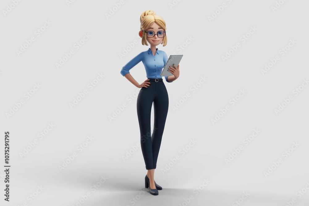 A cartoon woman with blonde hair and glasses holding a tablet smiling. A cartoon woman with blonde hair and glasses holding a tablet smiling.