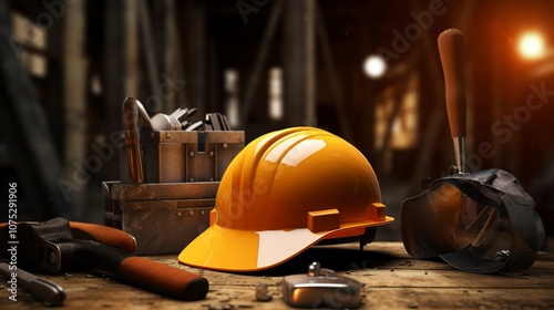 A photo of a construction workers hard hat and tools.