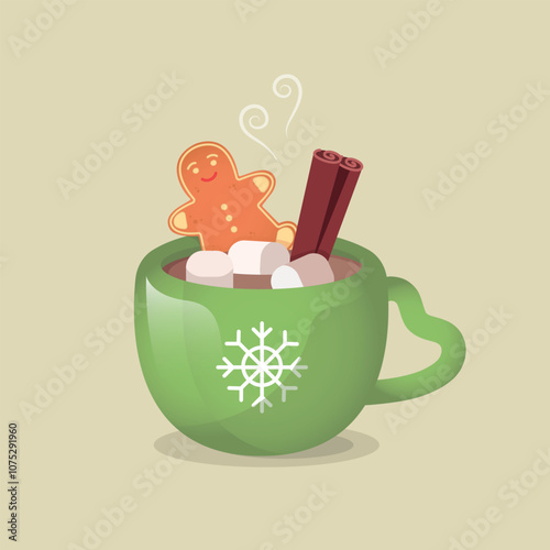 Hot chocolate with gingerbread cookie and marshmallows illustration. Green cup with hot Christmas drink. 