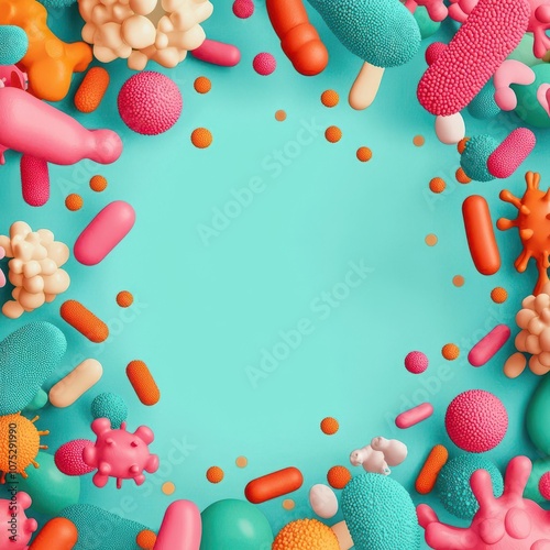 Illustration of FOS molecules interacting with gut bacteria, enhancing digestion and overall health photo