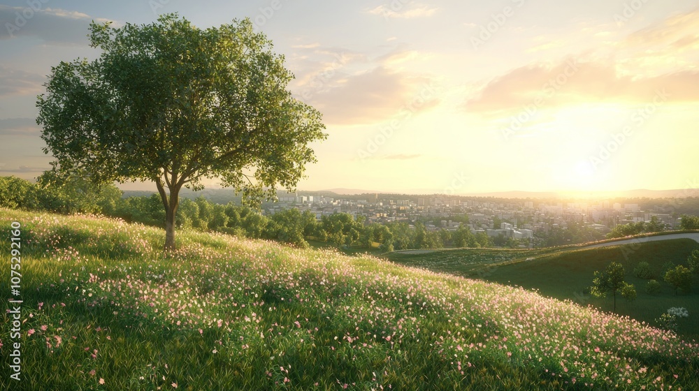 Solitary Tree in Lush Meadow at Sunset with Urban Sprawl Encroaching: Environmental Conservation Concept Art Solitary Tree in Lush Meadow at Sunset with Urban Sprawl Encroaching: Environmental Conservation Concept Art
