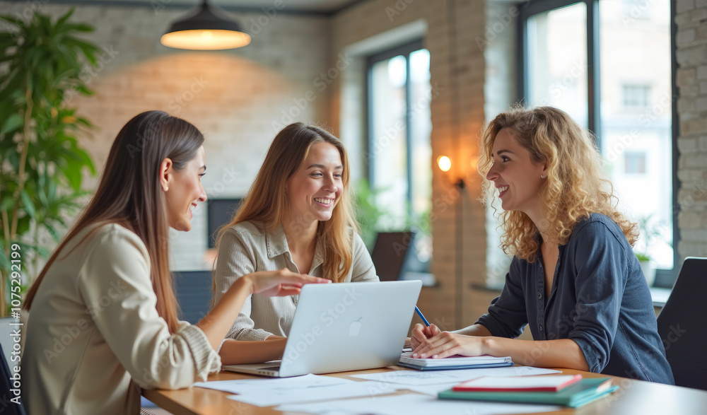 female employees discuss the idea while sitting at a table in front of a laptop female employees discuss the idea while sitting at a table in front of a laptop