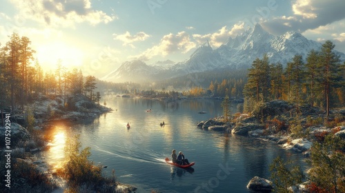 A group of people canoe on a tranquil lake surrounded by snow capped mountains with a golden sunrise. photo