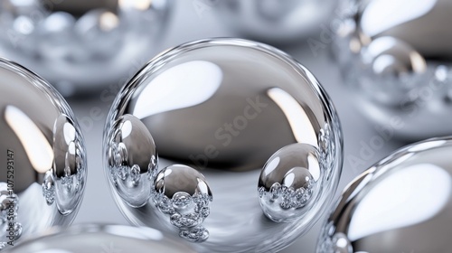 A collection of shiny, reflective silver spheres, creating a mesmerizing abstract pattern.