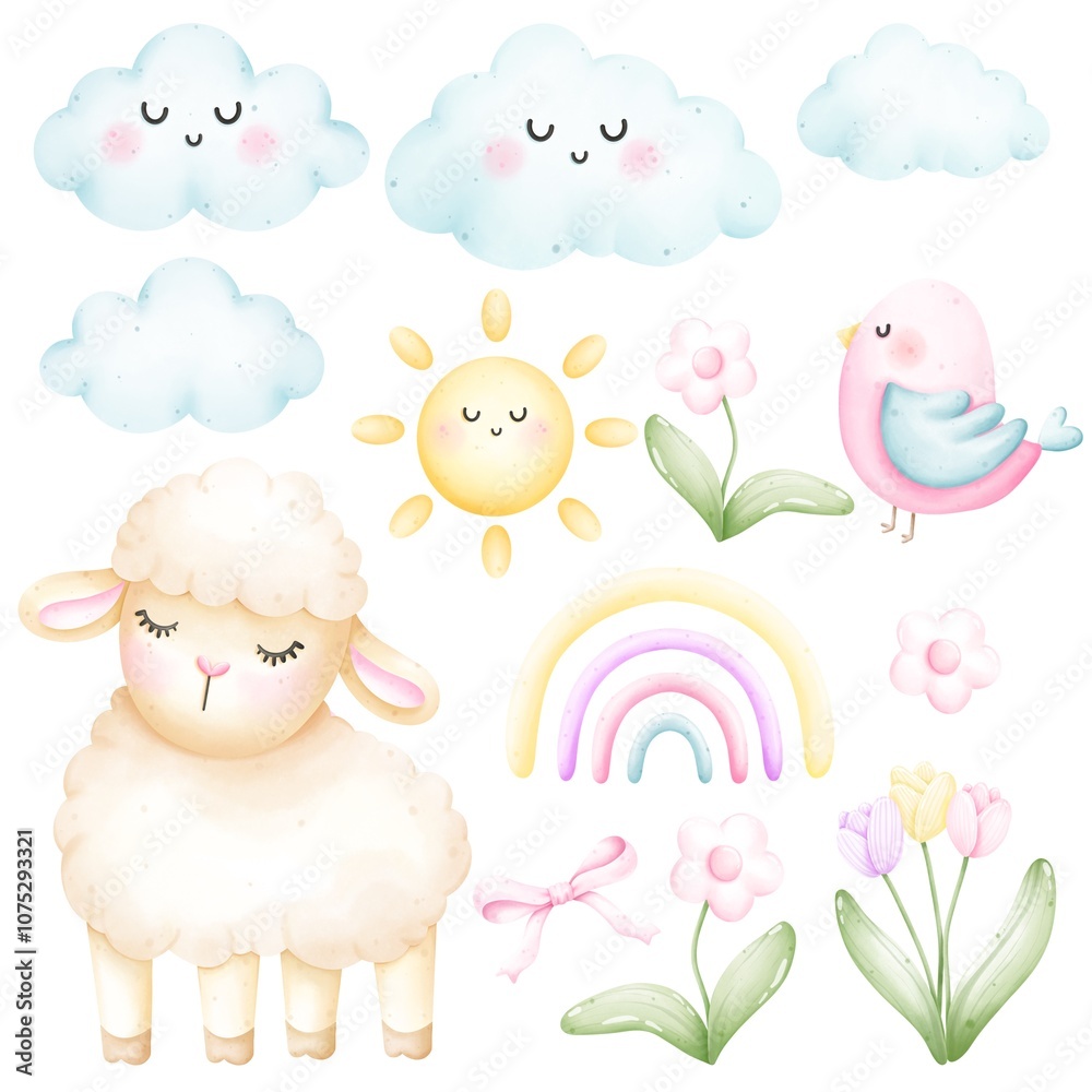 Cute set of lambs. Hand drawn sheep. Funny Farm animal for textiles or fabric for newborns ,baby shower, nursery decor, packaging, wrapping paper and scrapbooking. Cute set of lambs. Hand drawn sheep. Funny Farm animal for textiles or fabric for newborns ,baby shower, nursery decor, packaging, wrapping paper and scrapbooking.