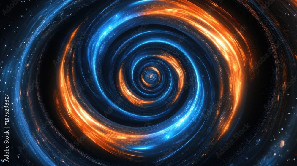 A mesmerizing swirl of blue and orange light, creating a dynamic vortex filled with cosmic energy. A mesmerizing swirl of blue and orange light, creating a dynamic vortex filled with cosmic energy.