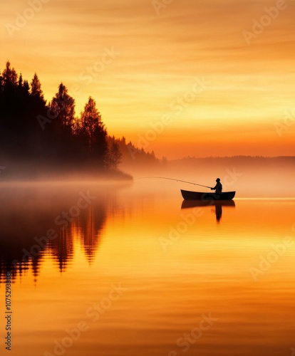 Tranquil Fishing at Sunset: A Silhouette Against a Misty Lake Horizon