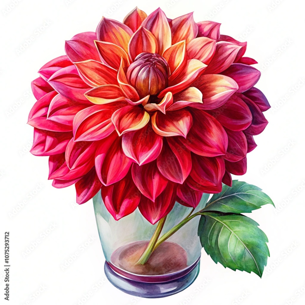 Red Dahlia Autumn flower in vase isolated on white background