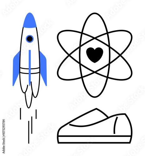 Rocket soaring upwards, heart within an atomic structure, and a casual shoe. Ideal for innovation, love, science, adventure, lifestyle, technology, education themes. Line metaphor