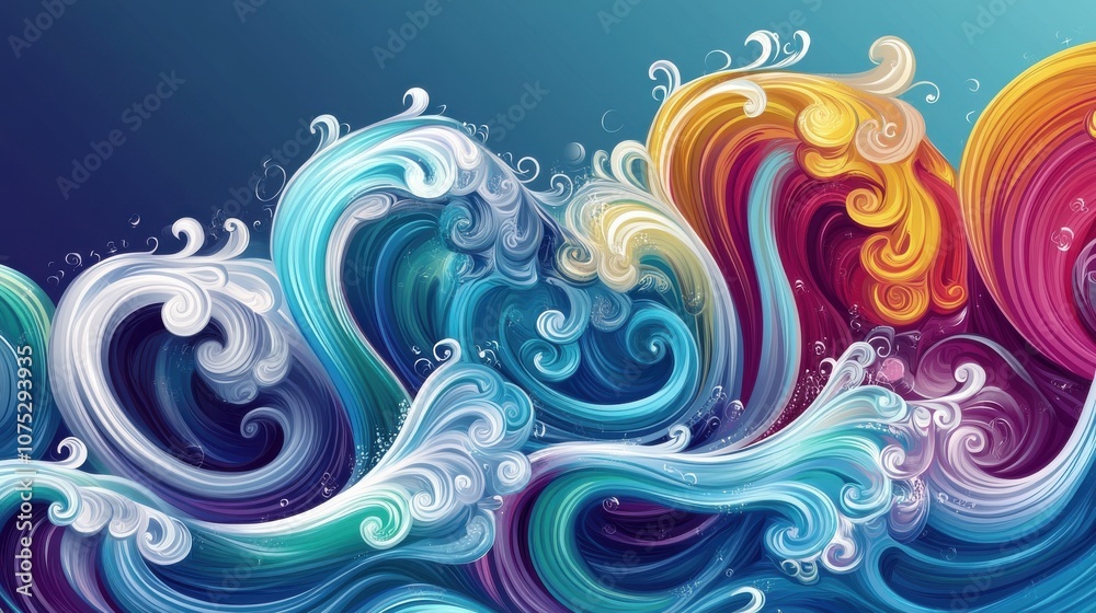 A vibrant swirl of colorful waves creates a mesmerizing abstract design with cool blues and warm accents. A vibrant swirl of colorful waves creates a mesmerizing abstract design with cool blues and warm accents.