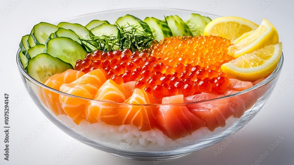 Vibrant Poke Bowl with Artfully Arranged Fresh Seafood and Vegetables in Glass Dish Vibrant Poke Bowl with Artfully Arranged Fresh Seafood and Vegetables in Glass Dish