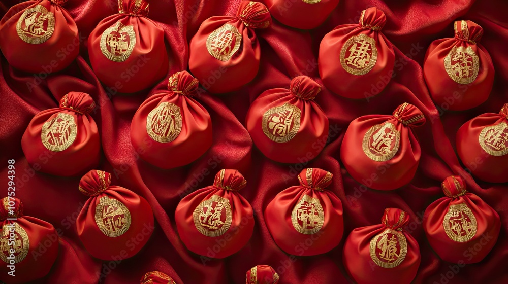 Traditional Chinese money bags in red, adorned with gold symbols, arranged on a luxurious red fabric background for a festive look Traditional Chinese money bags in red, adorned with gold symbols, arranged on a luxurious red fabric background for a festive look