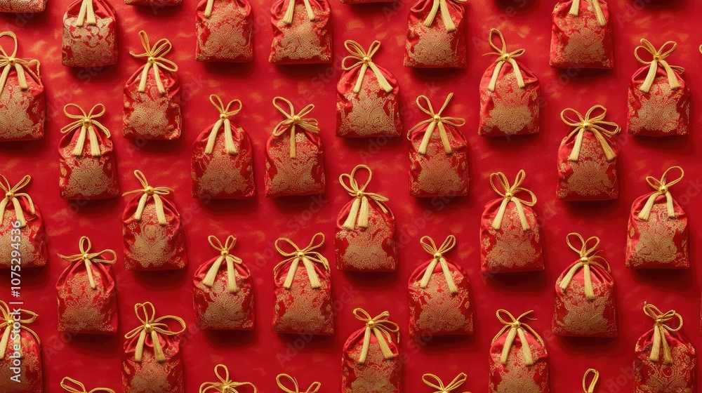 Traditional Chinese red pouches with golden embroidery, tied with silk cords, arranged on a vibrant red and gold background