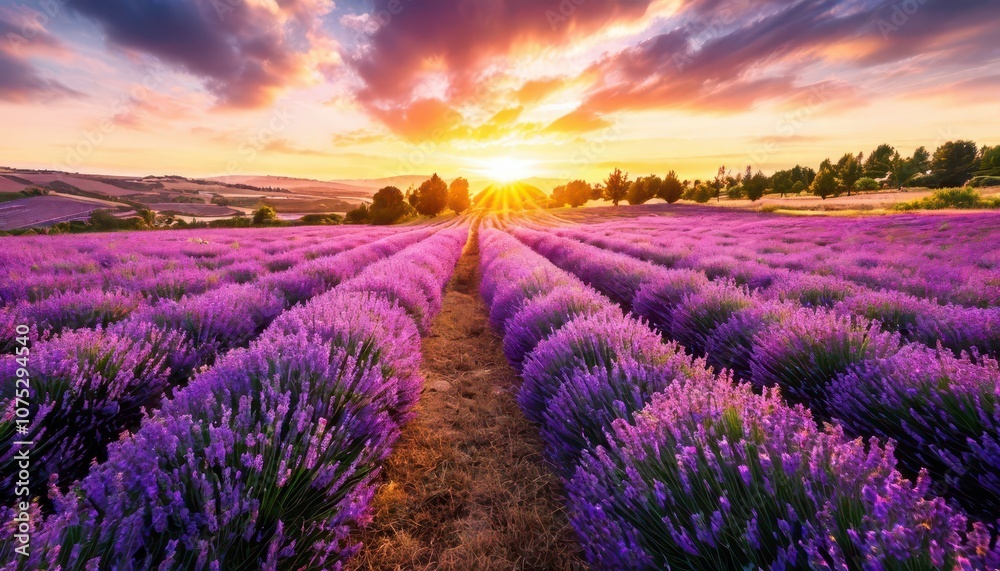 Obraz premium A lavender field at sunset - nature, romance and tranquility.