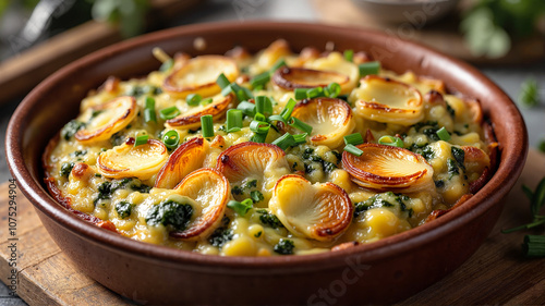 Creamy spinach potato gratin with caramelized onions - perfect for food blogs, recipe websites, holiday meal ideas, and comfort food cookbooks