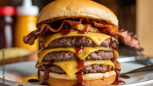 A mouthwatering triple cheeseburger stacked with cheddar cheese and crispy bacon, drizzled with barbecue sauce, perfect for burger lovers. photo