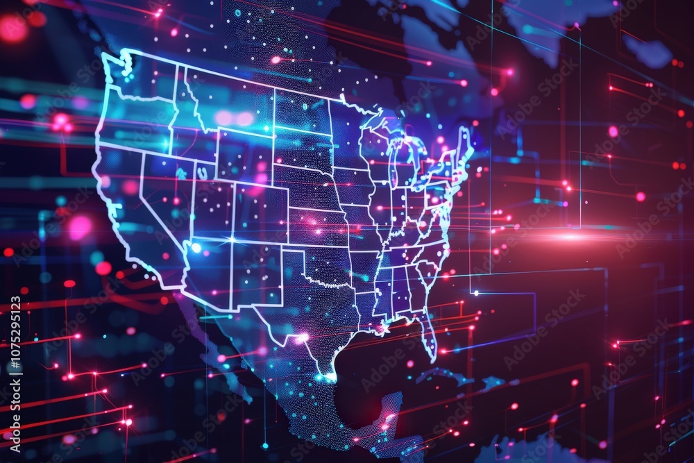 Fototapeta premium Digital Map of the United States with Connected Lines and Glowing Lights