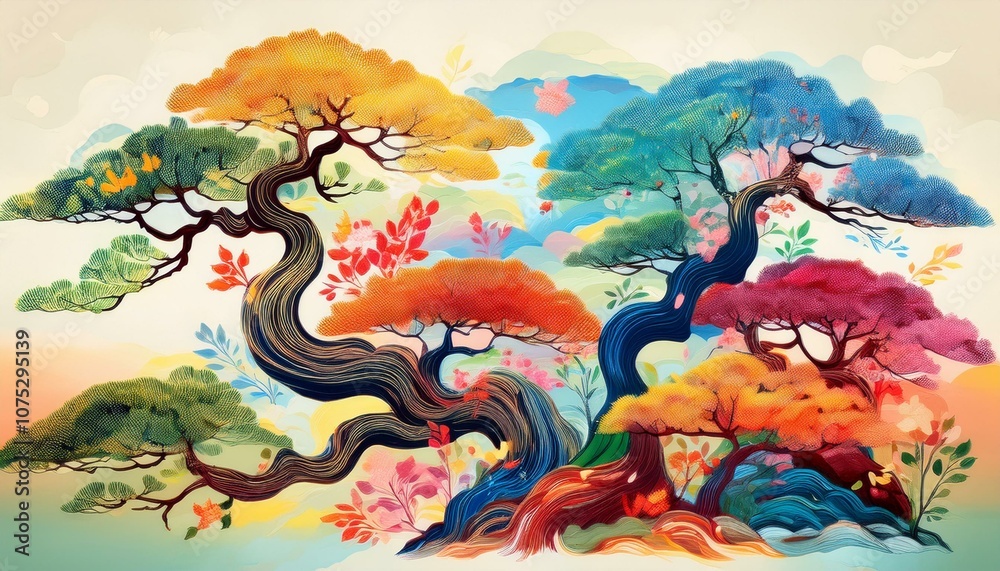 The cycle and change of the four seasons expressed through the oriental pine tree