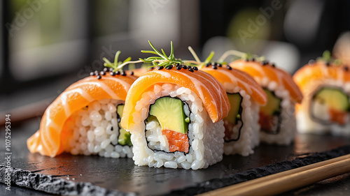 Gourmet salmon sushi rolls with avocado - perfect for food blogs, restaurant menus, culinary websites, and Japanese cuisine presentations photo