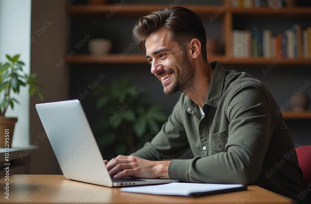 Student sitting at the table in front of laptop, smiling and typing, doing assignments, studying online Student sitting at the table in front of laptop, smiling and typing, doing assignments, studying online