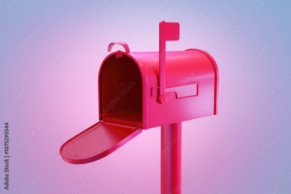 A pink mailbox with its door open standing on a pole against a purple background A pink mailbox with its door open standing on a pole against a purple background