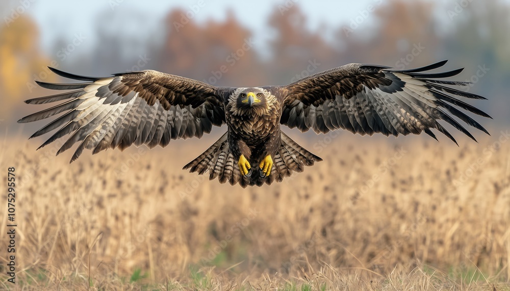 Obraz premium Majestic Steppe Eagle Soaring Through European Skies - Wildlife Scene Of A Dark Brown Bird Of Prey In Flight.