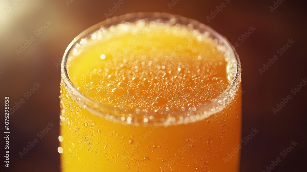 Close-up Image of Refreshing Orange Juice with Bubbles and Warm Lighting Close-up Image of Refreshing Orange Juice with Bubbles and Warm Lighting