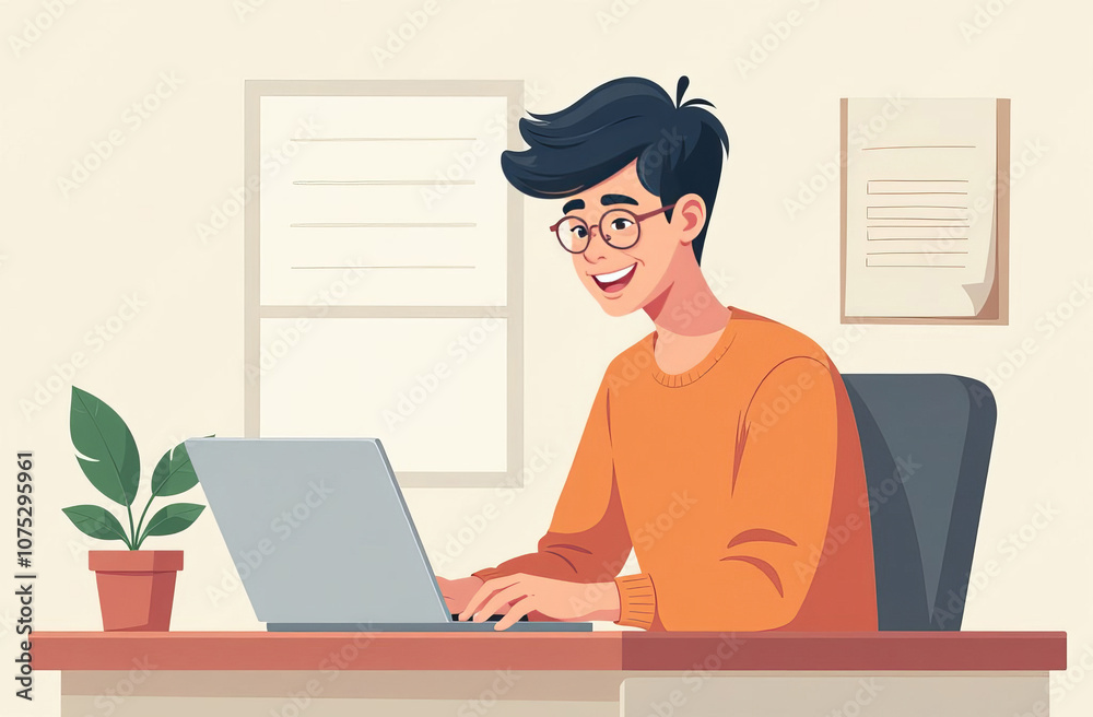 Student sitting at the table in front of laptop, smiling and typing, doing assignments, studying online Student sitting at the table in front of laptop, smiling and typing, doing assignments, studying online
