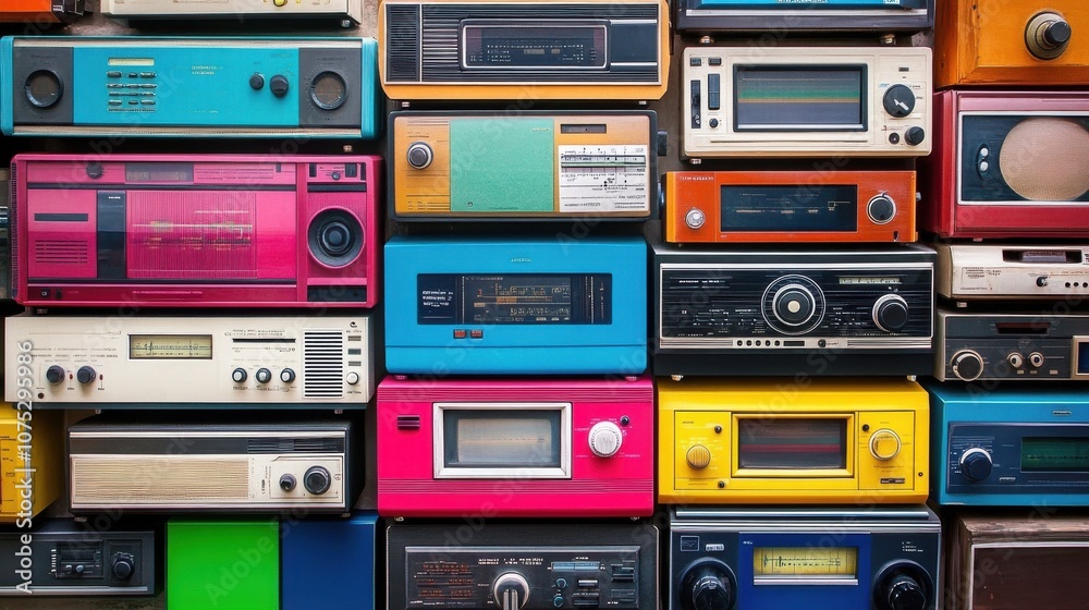Fototapeta premium A vibrant display of retro radios in various colors and styles, creating a nostalgic atmosphere.