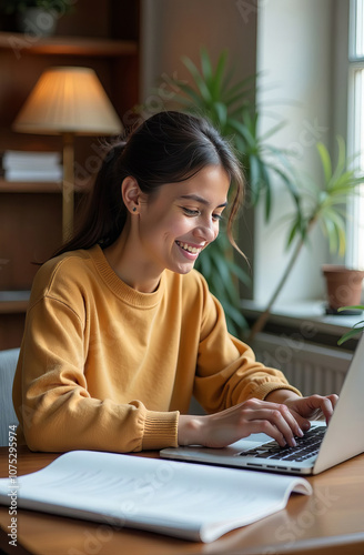 Student sitting at the table in front of laptop, smiling and typing, doing assignments, studying online
