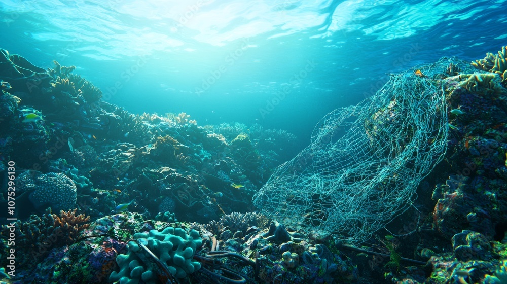 Eco-Friendly Oasis: Vibrant Coral Reef Teeming with Life Amidst Abandoned Fishing Net - 3D Render Illustration Eco-Friendly Oasis: Vibrant Coral Reef Teeming with Life Amidst Abandoned Fishing Net - 3D Render Illustration