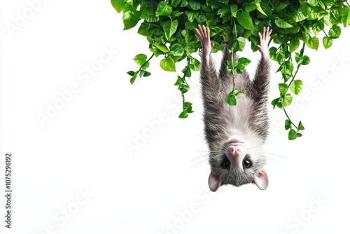 A curious possum hanging upside down from a lush green plant on a white isolated background. photo