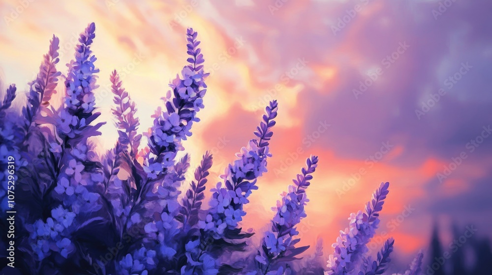 Obraz premium Oil painting depicting purple flowers against a beautiful sunset backdrop capturing the serene beauty of nature